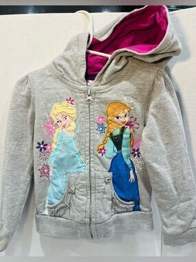 Disney Elsa & Anna Frozen Grey Girls Size 4T Jacket With Pink Lined Hood